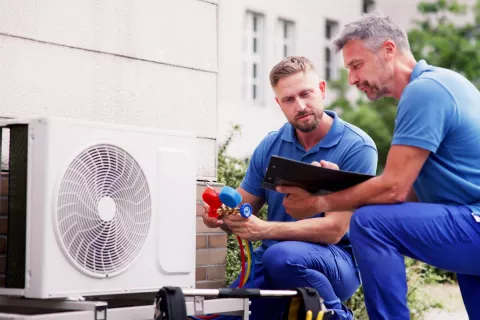 Zwei Installateure prüfen die Vorlauftemperatur einer Wärmepumpe.